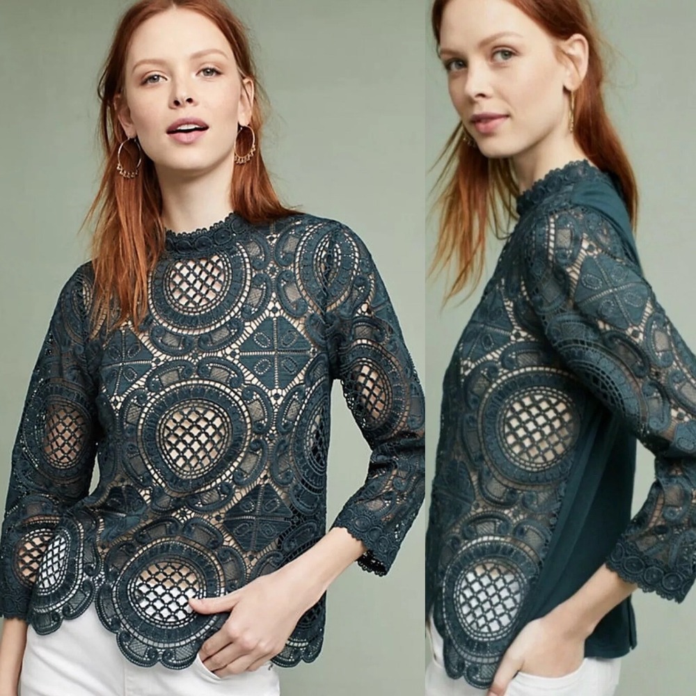 Anthropologie James Coviello New York Green Lace‎ Blouse Top Womens Size XS Boho